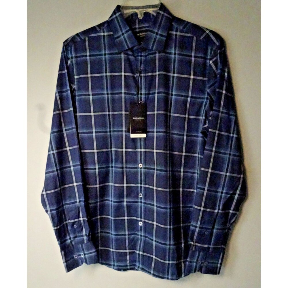 NWT Men Large Bugatchi Shaped Fit Shirt Navy/Black Plaid   Long Sleeve